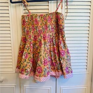 Passport Pink Floral Yellow smocked top with Striped Hem